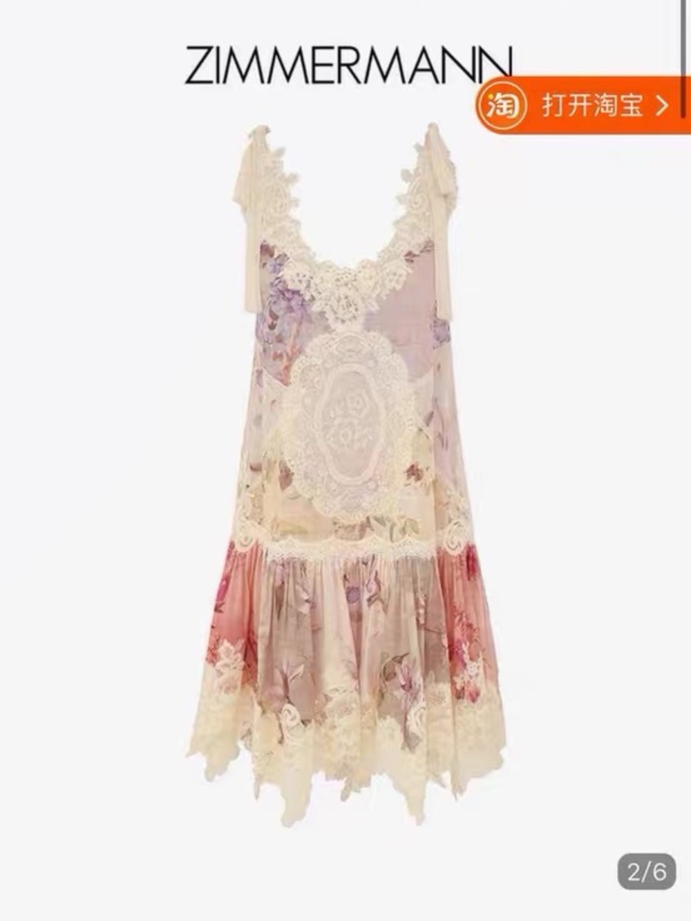Zimmermann Cream and Pink Floral Lace-Trim Slip Dress